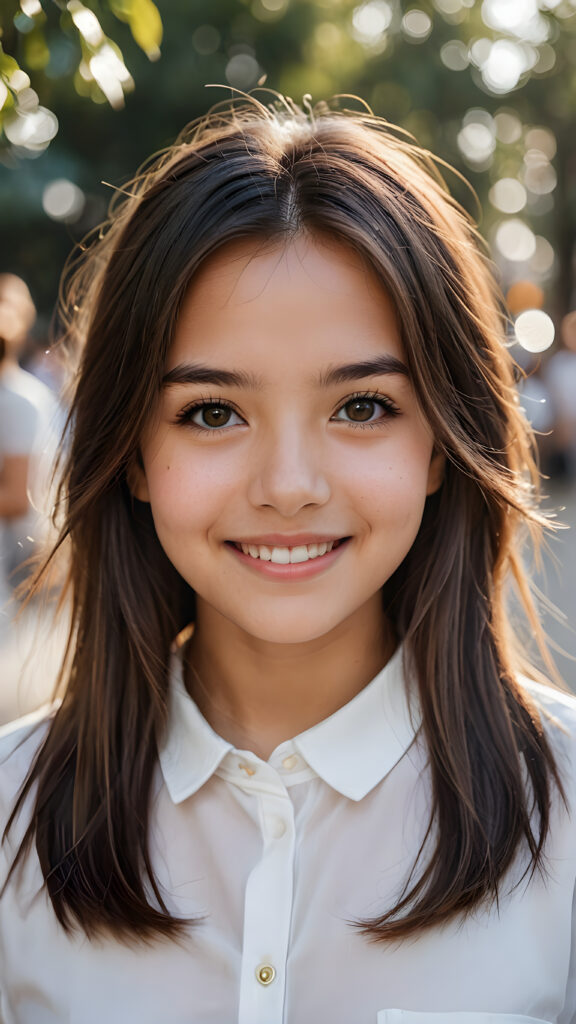 perfect portrait, very cute young girl, white shirt, smile, detailed straight hair, brown eyes