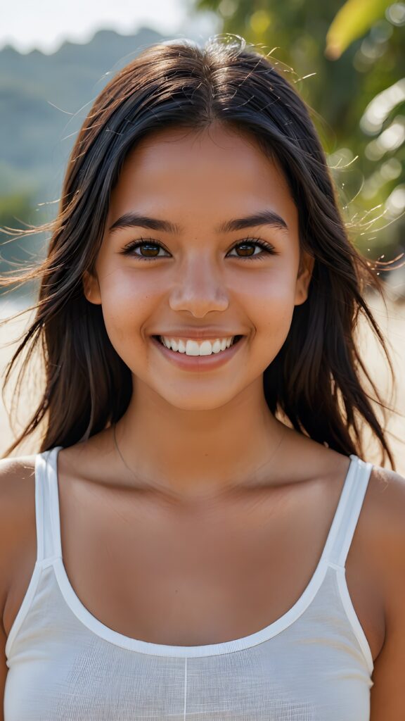 perfect realistic portrait, very cute young tanned Indigenous girl, white cropped plain top, smile, detailed black straight hair, brown eyes, full kissable lips, white teeth, perfect body