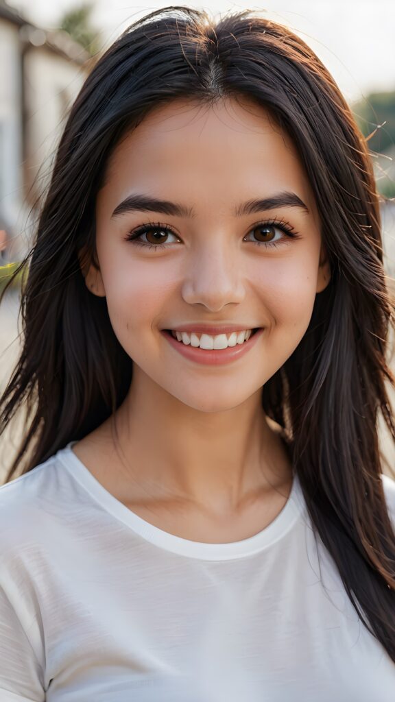 perfect realistic portrait, very cute young girl, white t-shirt, smile, detailed black straight hair, brown eyes, full kissable lips, white teeth, perfect body