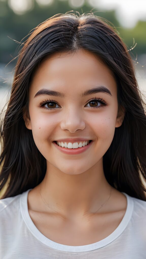 perfect realistic portrait, very cute young girl, white t-shirt, smile, detailed black straight hair, brown eyes, full kissable lips, white teeth, perfect body