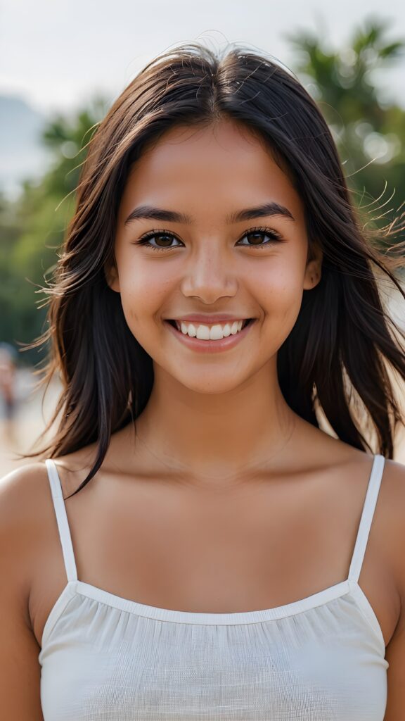 perfect realistic portrait, very cute young tanned Indigenous girl, white cropped plain top, smile, detailed black straight hair, brown eyes, full kissable lips, white teeth, perfect body