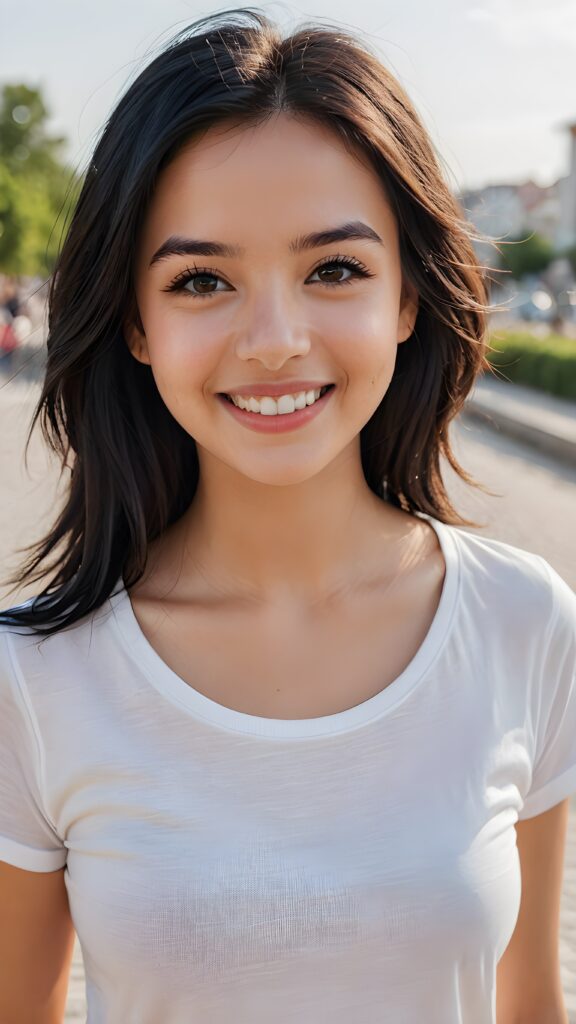 perfect realistic portrait, very cute young girl, white t-shirt, smile, detailed black straight hair, brown eyes, full kissable lips, white teeth, perfect body