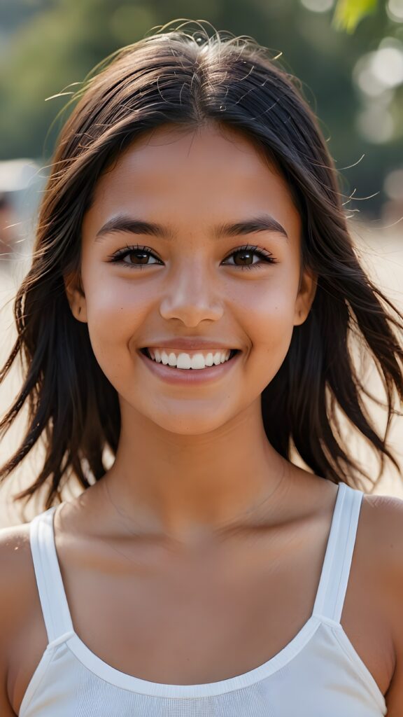 perfect realistic portrait, very cute young tanned Indigenous girl, white cropped plain top, smile, detailed black straight hair, brown eyes, full kissable lips, white teeth, perfect body