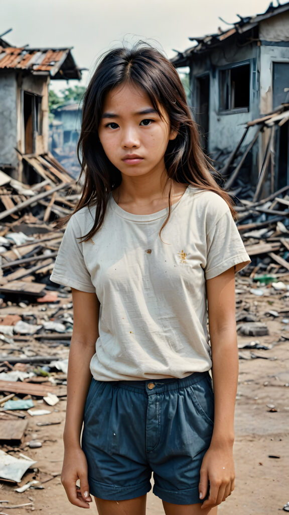 ((photo from the 1960s)) a young abandoned, sad, lonely, poor Vietnamese girl looks sadly, she has disheveled long brown messy hair. She is hopeless. She is poor, thin dressed in a t-shirt and short pants and stands alone in front of the viewer. She cries. She has a dirty face. She is skinny. There are (destroyed and burning houses) in the background, ((realistic, detailed photo))