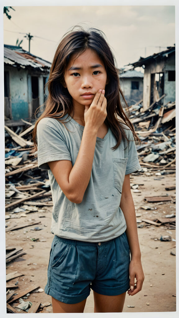 ((photo from the 1960s)) a young abandoned, sad, lonely, poor Vietnamese girl looks sadly, she has disheveled long brown messy hair. She is hopeless. She is poor, thin dressed in a t-shirt and short pants and stands alone in front of the viewer. She cries. She has a dirty face. She is skinny. There are (destroyed and burning houses) in the background, ((realistic, detailed photo))