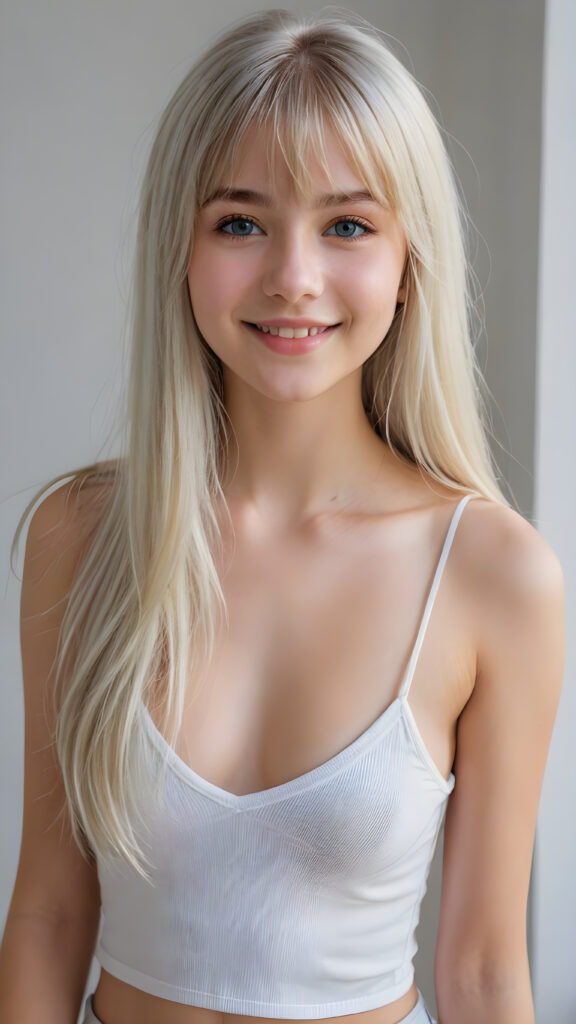 a young beautiful cute young fit petite teen girl, warm smile, dimmed light falls on her, she has long (((straight long soft platinum hair, bangs cut))) (her hair falls on her shoulders), and (realistic dark blue eyes), ((angelic round face)), in a dreamy, perfect shadows, she wears a ((white tight crop spaghetti tank top, deep v-neck)), ((baggy white pants)), (accentuating her ((navel))) perfect curved fit body, she looks seductively at the viewer and smiles slightly, upper body, flawless skin, light background, ((side profile)) ((ultra realistic photo)) ((stunning)) ((gorgeous)) ((4k)) ((full body))