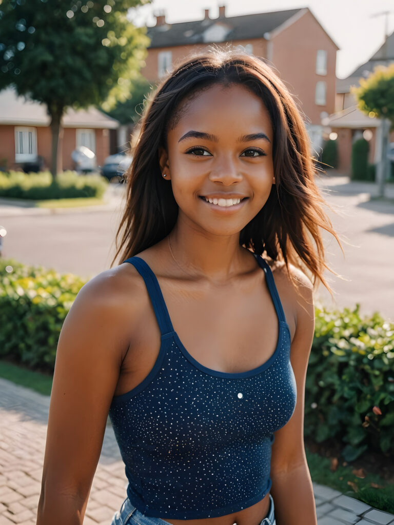 ((portrait)) ((stunning)) detailed, a beautiful young happy melanin girl, jet long straight hair, wears a short tank top