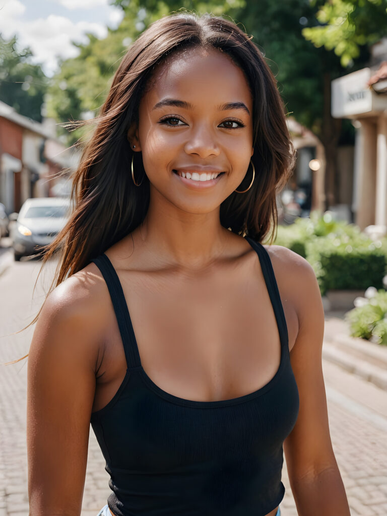 ((portrait)) ((stunning)) detailed, a beautiful young happy melanin girl, jet long straight hair, wears a short tank top