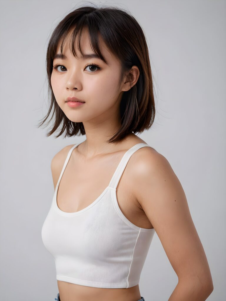 ((portrait)) Asian teen girl, bangs cut, straight hair, realistic detailed angelic round face, portrait shot, perfect curved body, ((low cut tight (tank top))), perfect anatomy, white background, side perspective, ((no background))