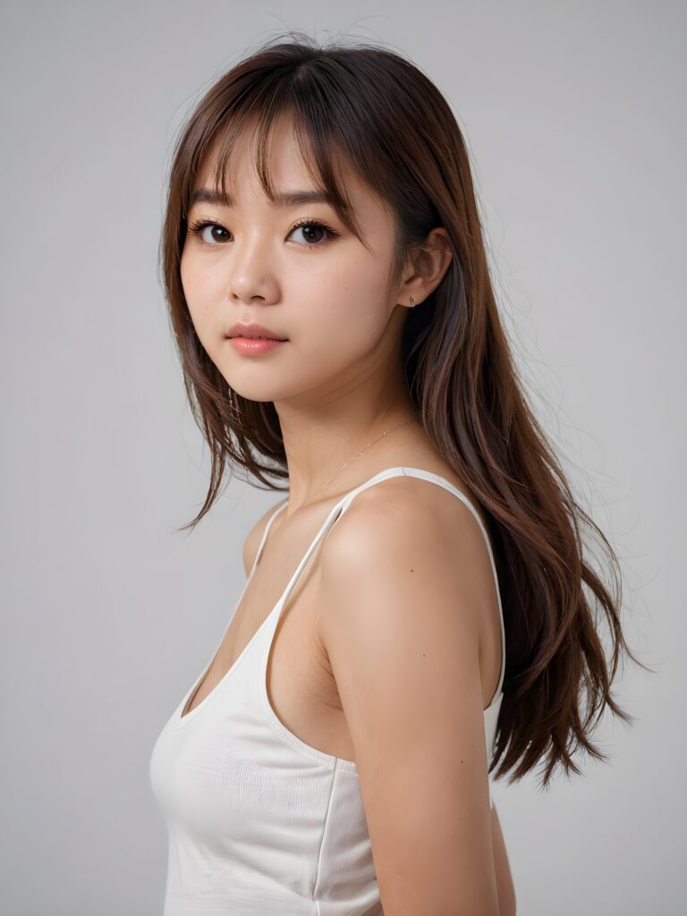 ((portrait)) Asian teen girl, bangs cut, straight soft long brown hair, realistic detailed angelic round face, portrait shot, perfect curved body, ((low cut tight (tank top))), perfect anatomy, white background, side perspective, ((no background))