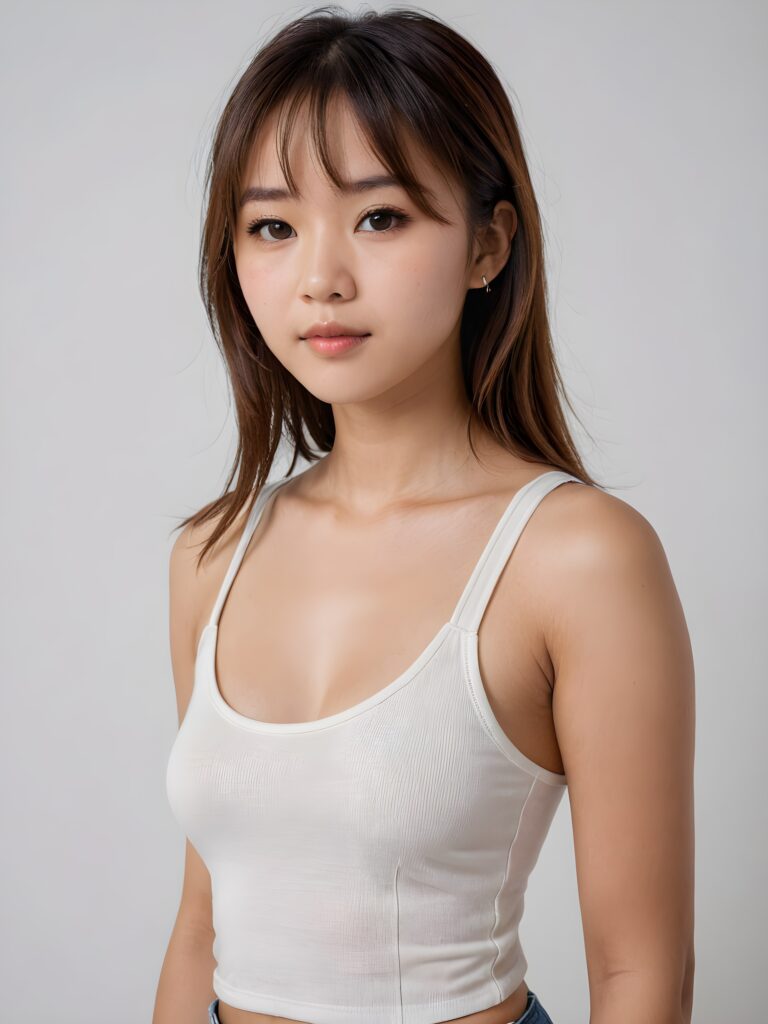 ((portrait)) Asian teen girl, bangs cut, straight soft long brown hair, realistic detailed angelic round face, portrait shot, perfect curved body, ((low cut tight (tank top))), perfect anatomy, white background, side perspective, ((no background))