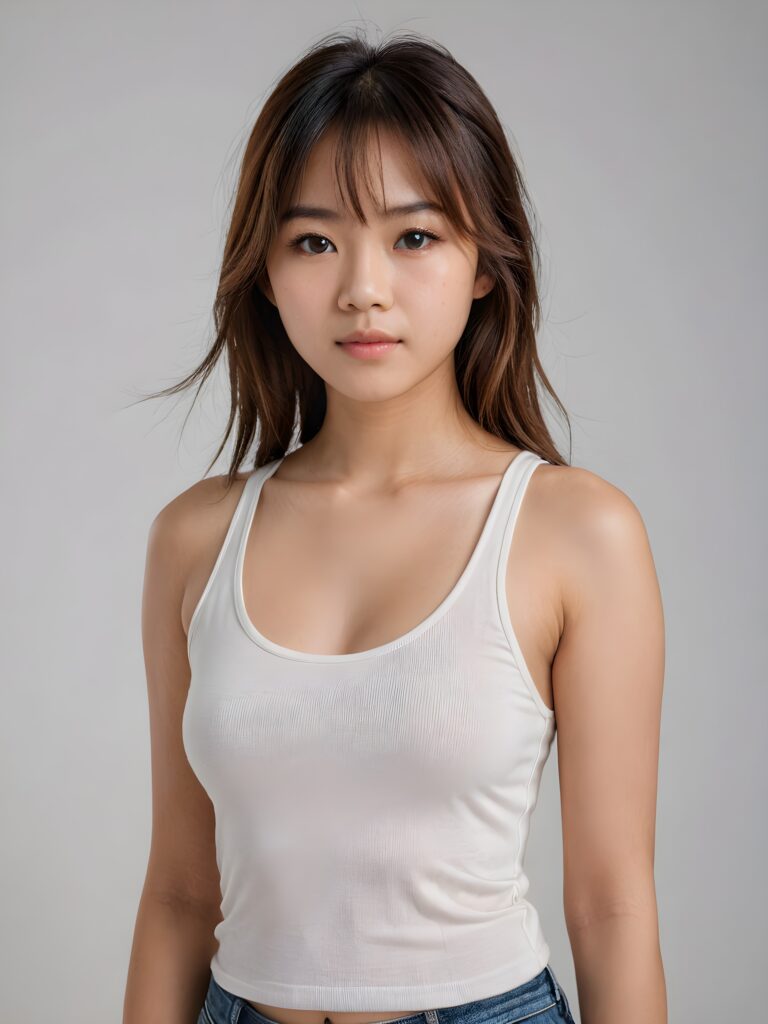 ((portrait)) Asian teen girl, bangs cut, straight soft long brown hair, realistic detailed angelic round face, portrait shot, perfect curved body, ((low cut tight (tank top))), perfect anatomy, white background, side perspective, ((no background))