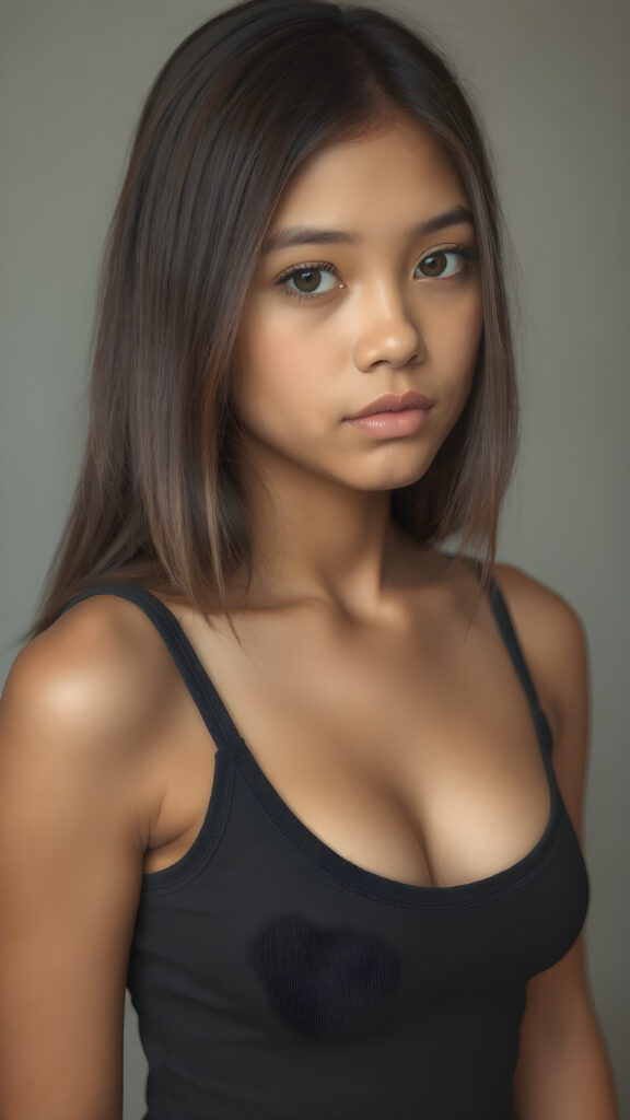 ((portrait)) a young well busty Peruvian teen girl, straight hair, realistic detailed angelic round face, portrait shot, perfect curved body, ((low cut tight tank top with deep v-neck, open front))), perfect anatomy, side perspective