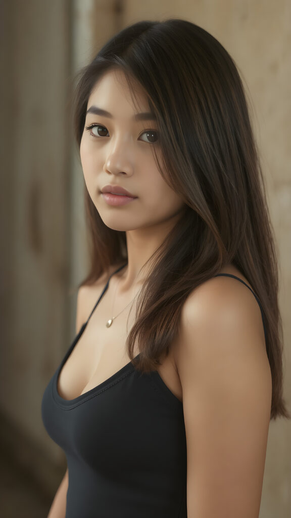 ((portrait)) a young well busty Peruvian teen girl, straight hair, realistic detailed angelic round face, portrait shot, perfect curved body, ((low cut tight tank top with deep v-neck, open front))), perfect anatomy, side perspective