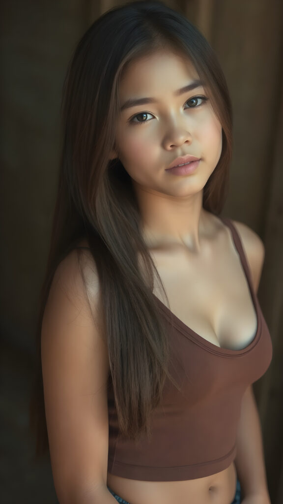 ((portrait)) a young well busty Peruvian teen girl, straight hair, realistic detailed angelic round face, portrait shot, perfect curved body, ((low cut tight tank top with deep v-neck, open front))), perfect anatomy, side perspective