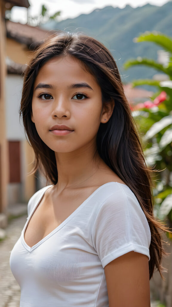 ((portrait)) a young Peruvian teen girl, straight hair, realistic detailed angelic round face, portrait shot, perfect curved body, ((low cut tight (top))), perfect anatomy, side perspective