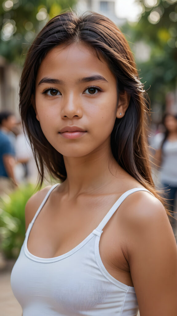 ((portrait)) a young Peruvian teen girl, straight hair, realistic detailed angelic round face, portrait shot, perfect curved body, ((low cut tight (top))), perfect anatomy, side perspective