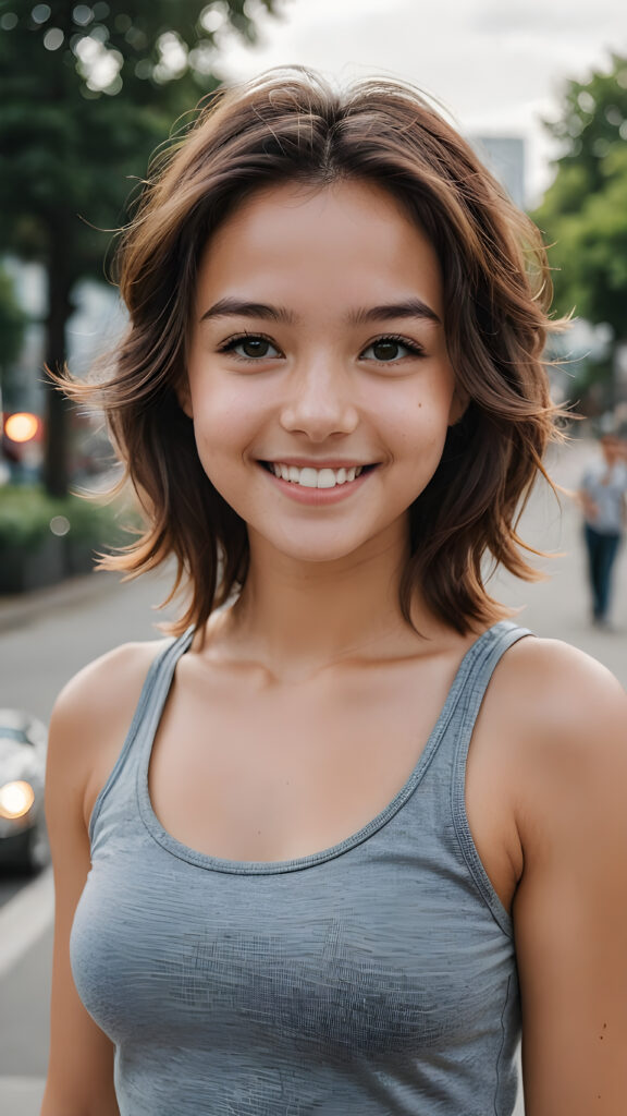 portrait, a young cute girl, perfect curved body, grey tank top, smile