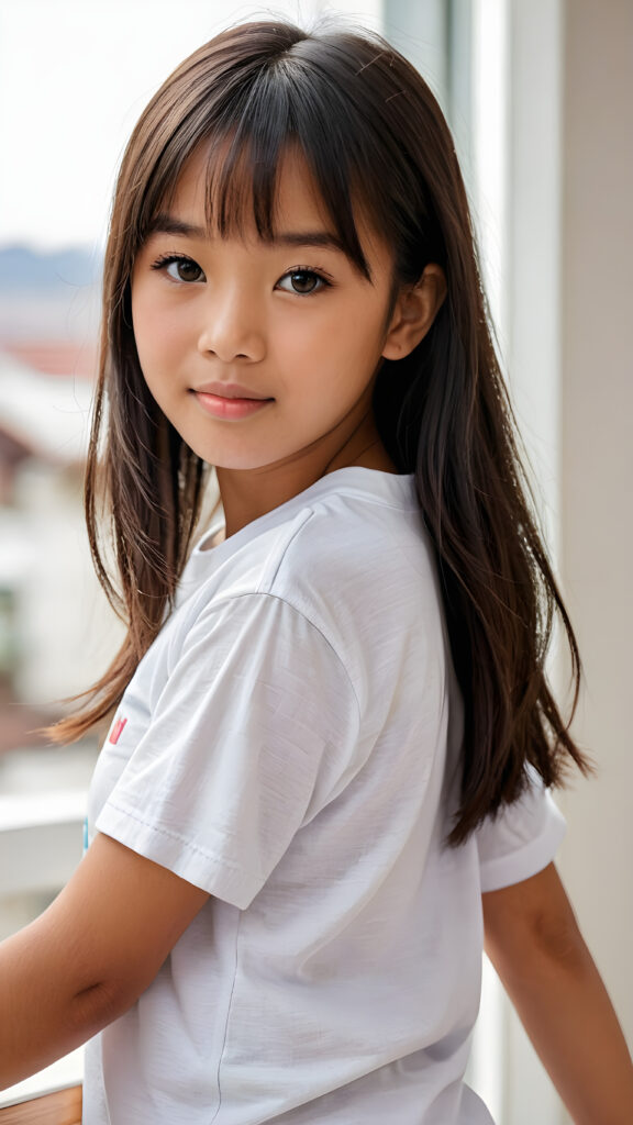 ((portrait)), detailed, (((brown-skinned Asian young cute girl))), 12 years old, long straight black hair, bangs cut, white short t-shirt