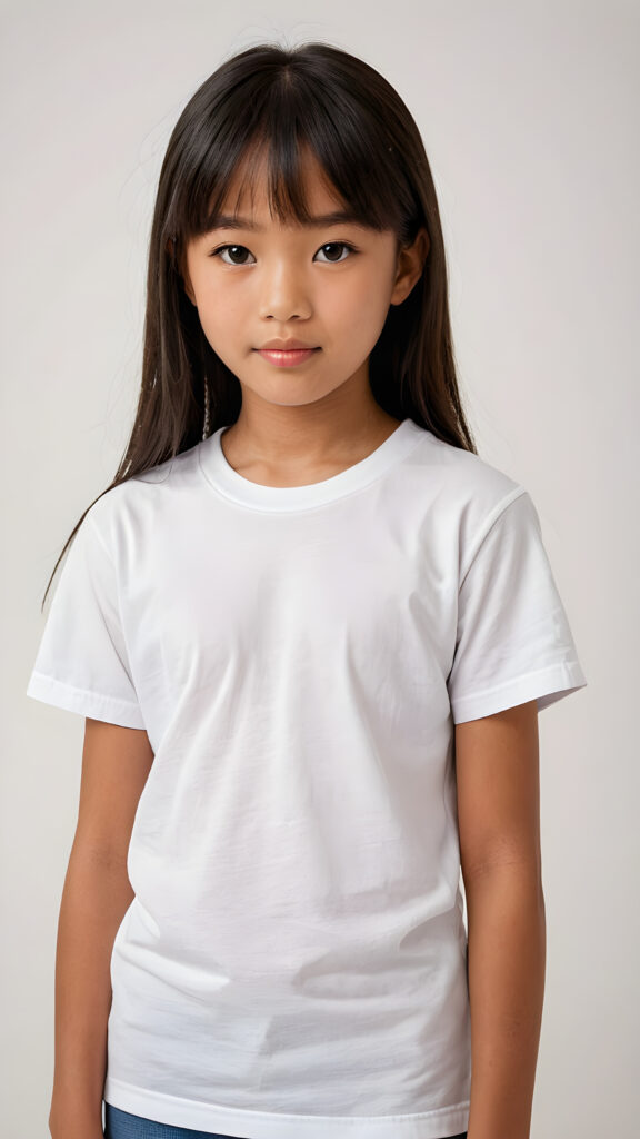 ((portrait)), detailed, (((brown-skinned Asian young cute girl))), 12 years old, long straight black hair, bangs cut, white short t-shirt