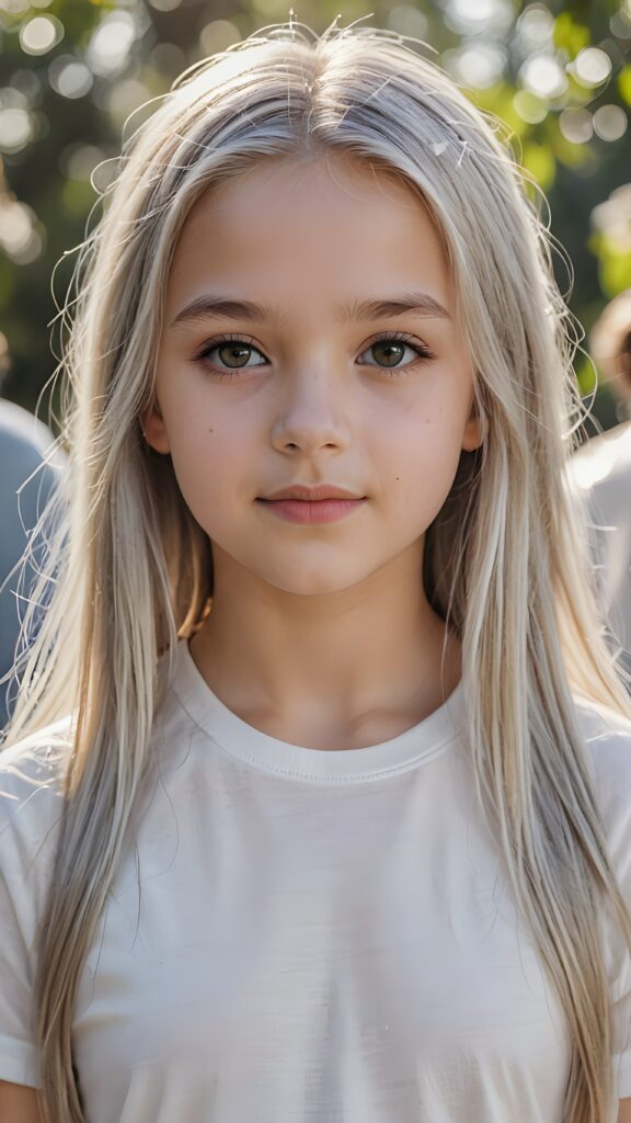 ((portrait)), detailed pencil drawing, silvery-skinned (((young girl))), 12 years old, long straight platinum hair, white t-shirt