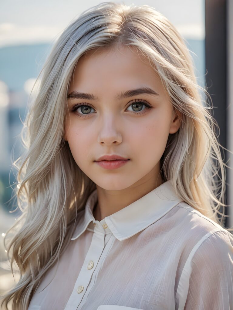 ((portrait)), detailed pencil drawing, silvery-skinned (((young girl))), long straight platinum hair, white shirt