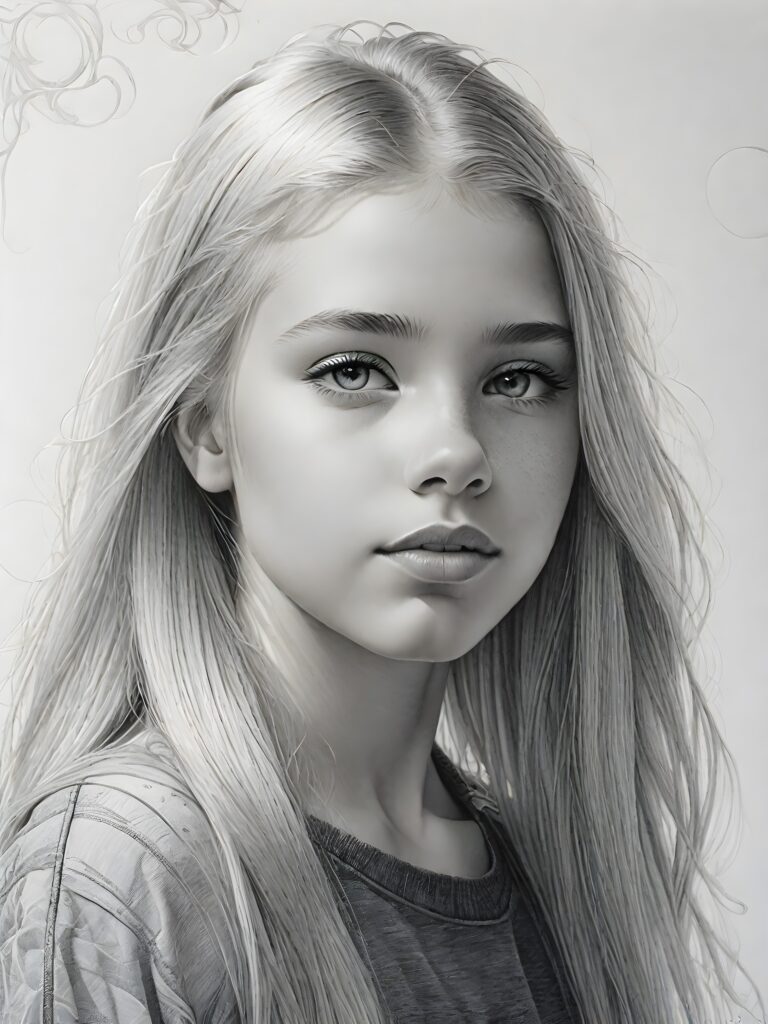 ((portrait)), detailed pencil drawing, silvery-skinned (((young teen girl))), long straight platinum hair