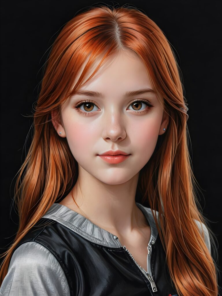 ((portrait)), detailed pencil drawing, silvery-skinned (((young teen girl))), long straight red hair ((black background))