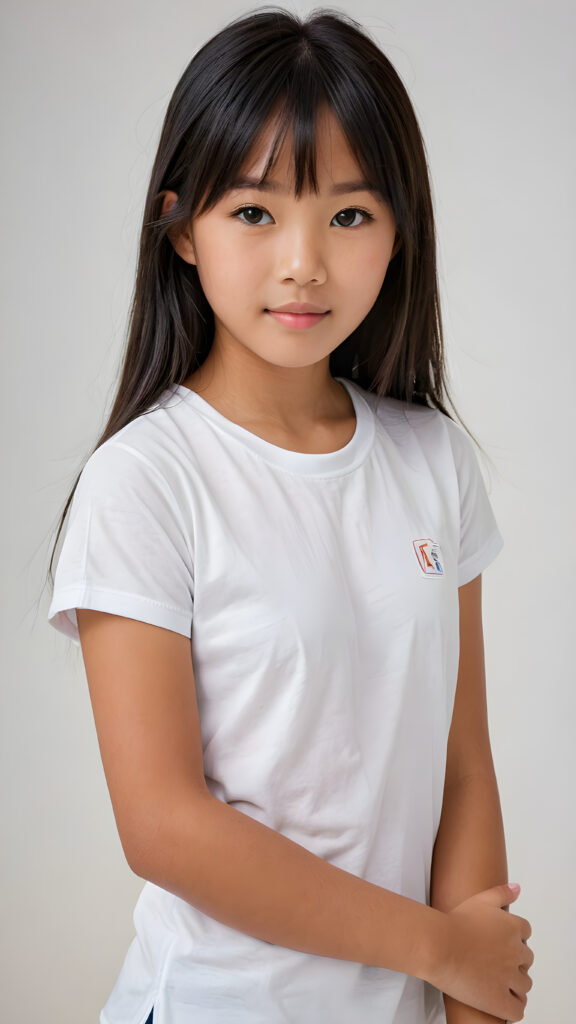 ((portrait)), detailed, (((tanned Asian young cute girl))), 12 years old, long straight black hair, bangs cut, white short t-shirt