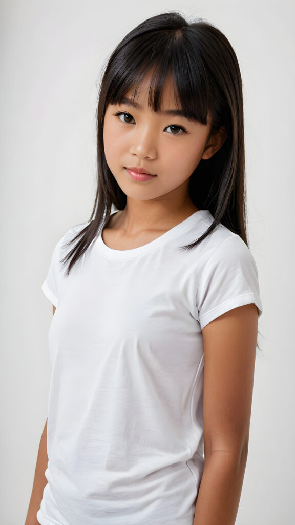 ((portrait)), detailed, (((melanin Asian young cute girl))), 12 years old, long straight black hair, bangs cut, white short t-shirt