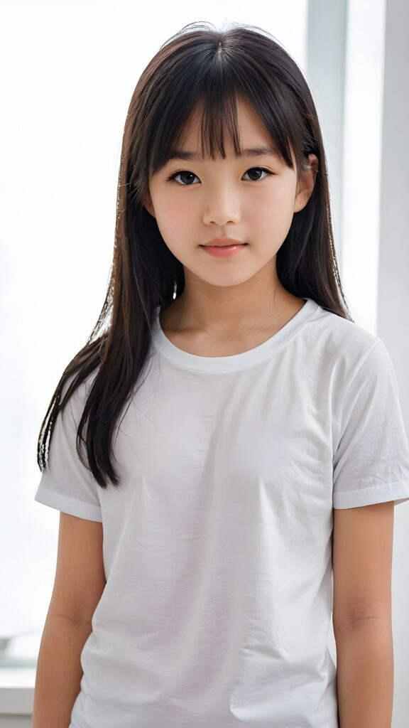 ((portrait)), detailed, (((Asian young cute girl))), 12 years old, long straight black hair, bangs cut, white short t-shirt