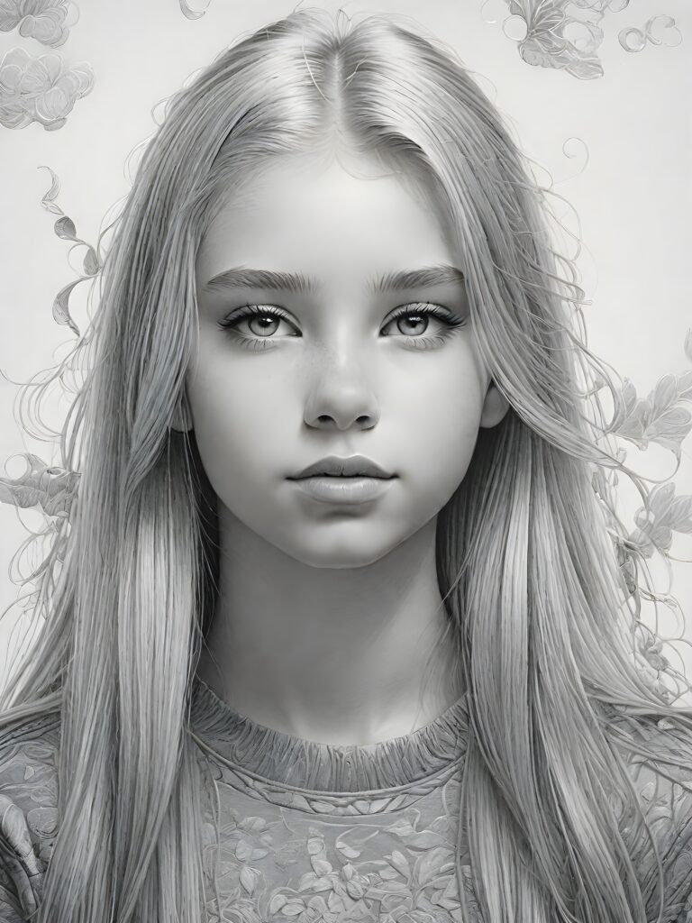 ((portrait)), detailed pencil drawing, silvery-skinned (((young teen girl))), long straight platinum hair