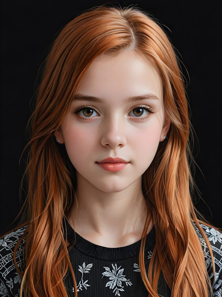 ((portrait)), detailed pencil drawing, silvery-skinned (((young teen girl))), long straight red hair ((black background))