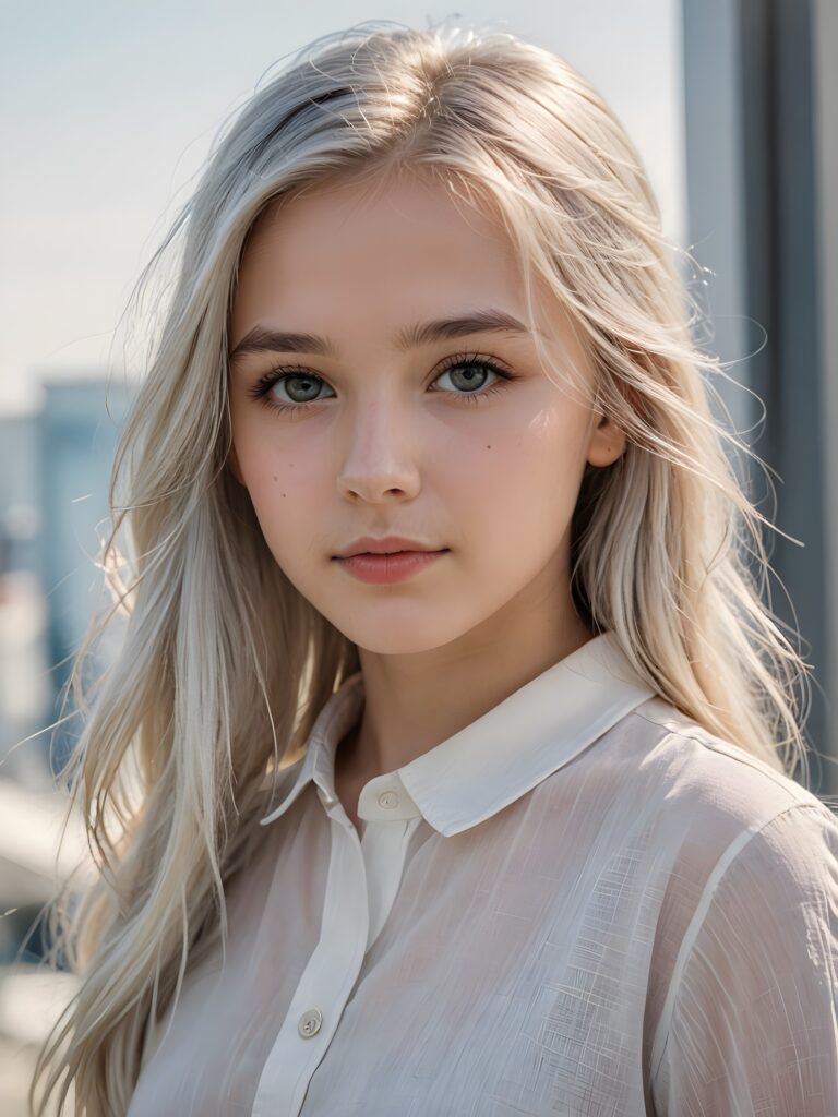 ((portrait)), detailed pencil drawing, silvery-skinned (((young girl))), long straight platinum hair, white shirt