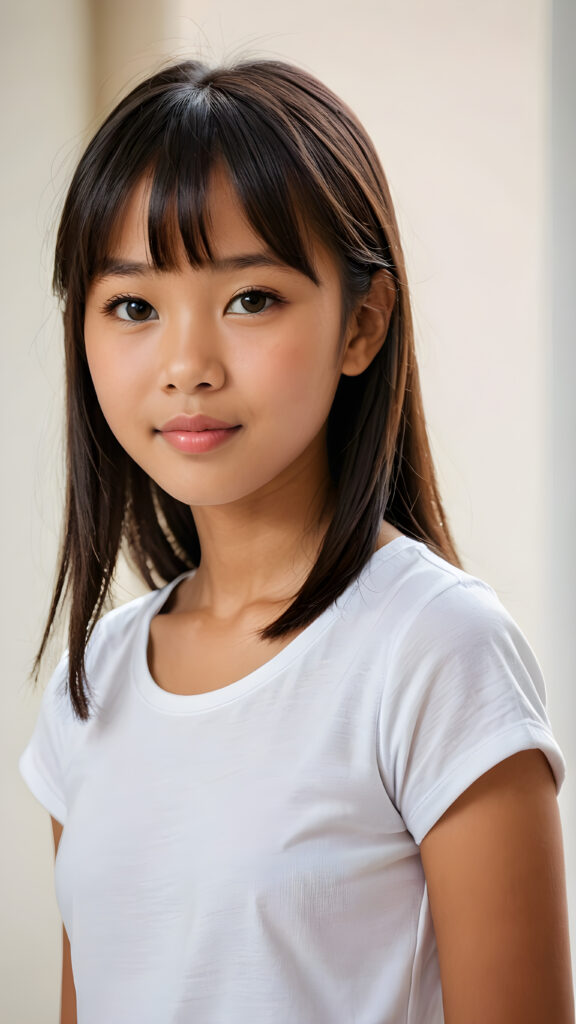 ((portrait)), detailed, (((brown-skinned Asian young cute girl))), 12 years old, long straight black hair, bangs cut, white short t-shirt