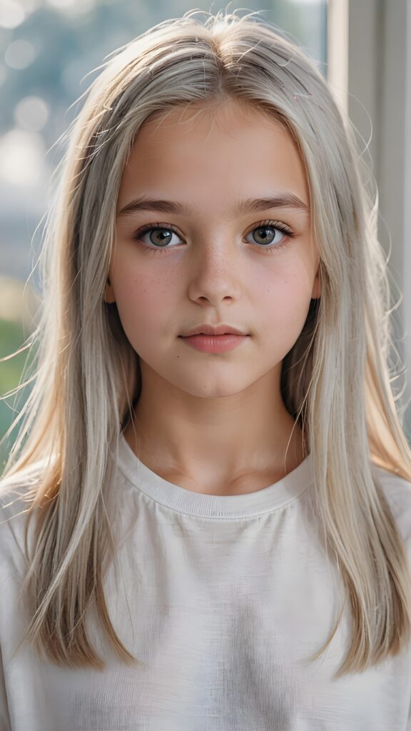 ((portrait)), detailed pencil drawing, silvery-skinned (((young girl))), 12 years old, long straight platinum hair, white t-shirt