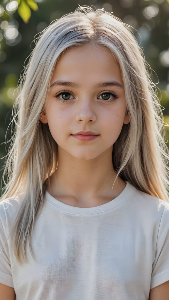 ((portrait)), detailed pencil drawing, silvery-skinned (((young girl))), 12 years old, long straight platinum hair, white t-shirt