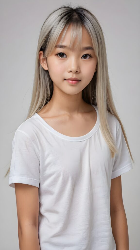 ((portrait)), detailed, (((Asian young cute girl))), 12 years old, long straight platinum hair, bangs cut, white t-shirt