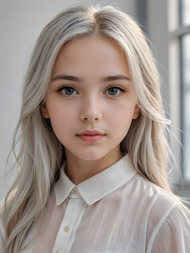 ((portrait)), detailed pencil drawing, silvery-skinned (((young girl))), long straight platinum hair, white shirt