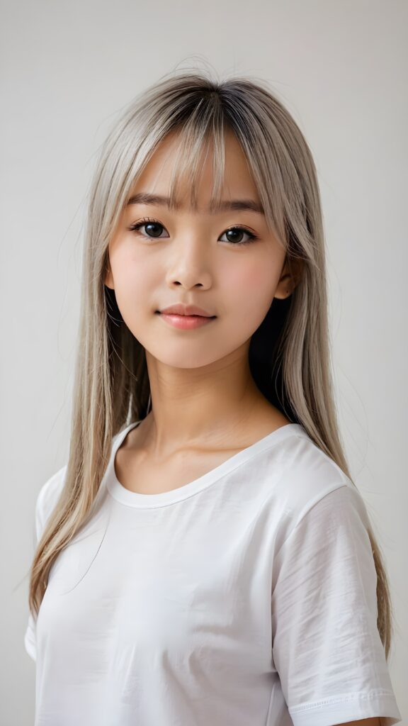 ((portrait)), detailed, (((Asian young cute girl))), 12 years old, long straight platinum hair, bangs cut, white t-shirt