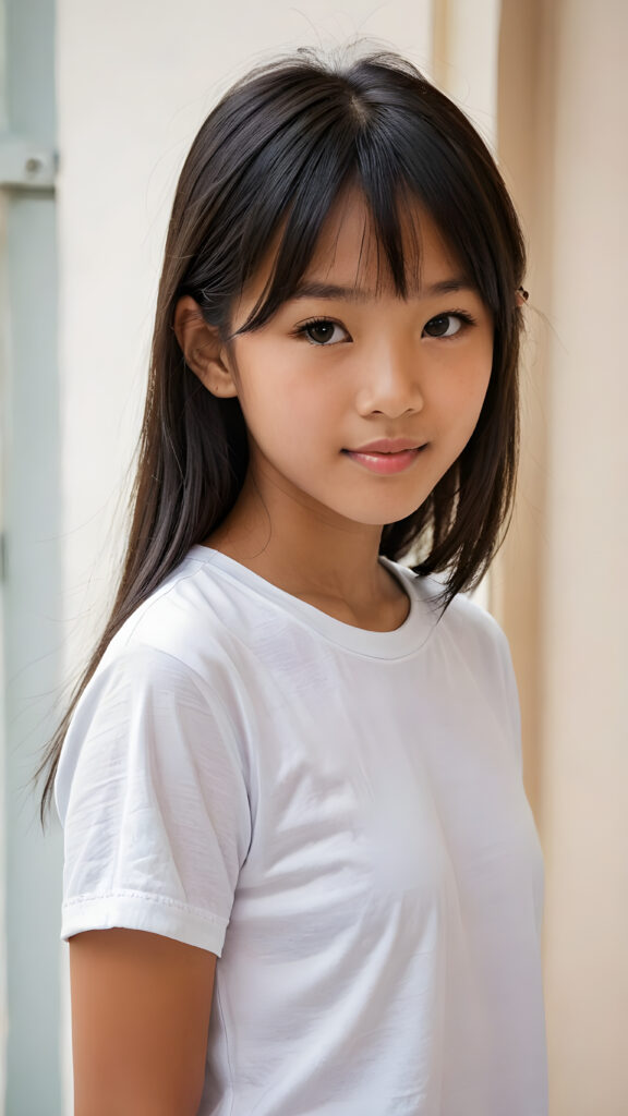 ((portrait)), detailed, (((tanned Asian young cute girl))), 12 years old, long straight black hair, bangs cut, white short t-shirt