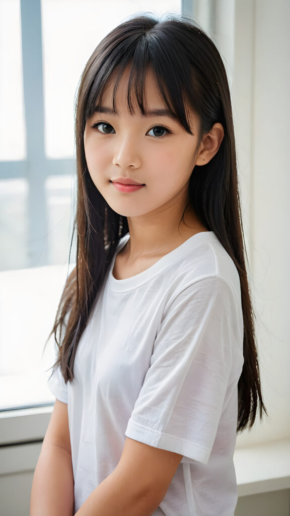 ((portrait)), detailed, (((Asian young cute girl))), 12 years old, long straight black hair, bangs cut, white short t-shirt