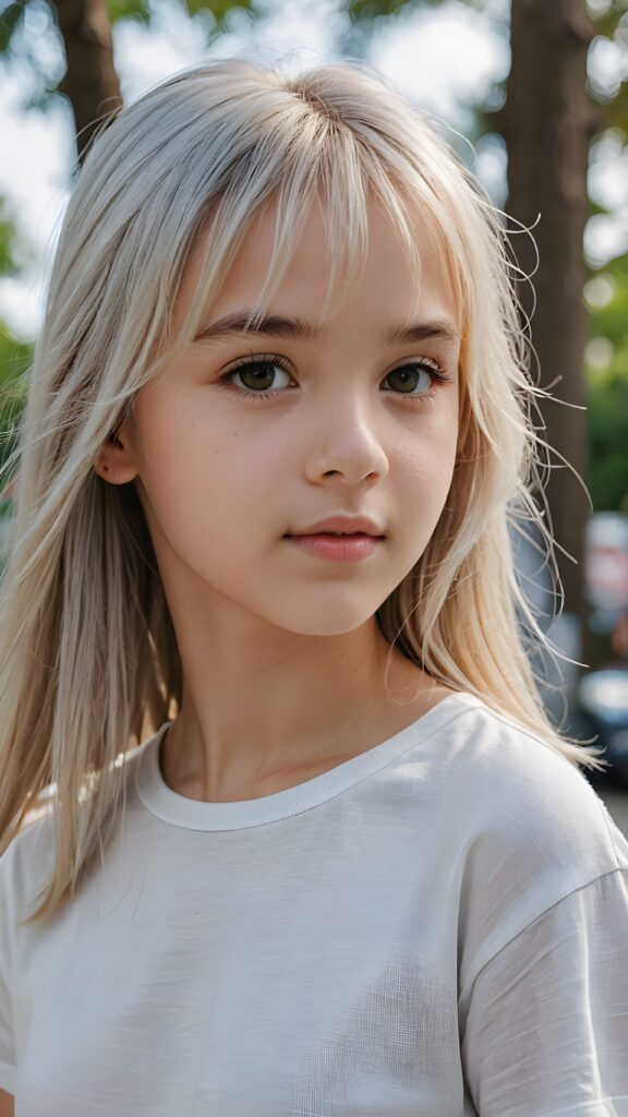 ((portrait)), detailed, silvery-skinned (((young cute girl))), 12 years old, long straight platinum hair, bangs cut, white t-shirt, side view