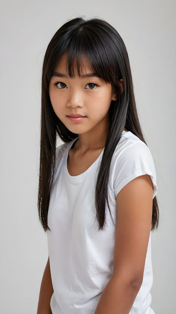 ((portrait)), detailed, (((melanin Asian young cute girl))), 12 years old, long straight black hair, bangs cut, white short t-shirt