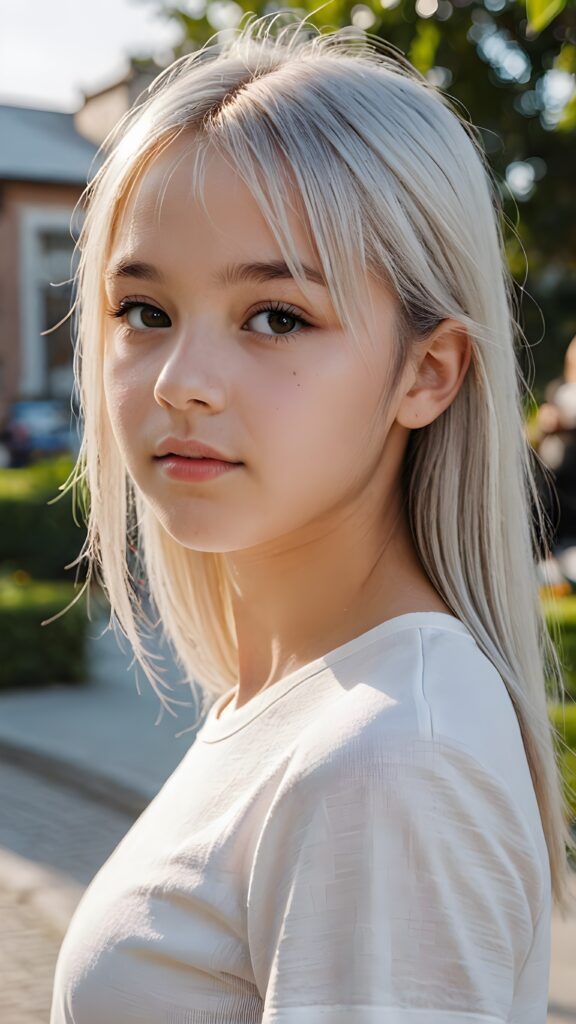 ((portrait)), detailed, silvery-skinned (((young cute girl))), 12 years old, long straight platinum hair, bangs cut, white t-shirt, side view