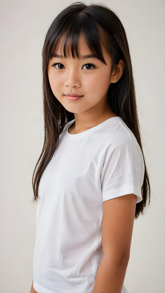 ((portrait)), detailed, (((tanned Asian young cute girl))), 12 years old, long straight black hair, bangs cut, white short t-shirt