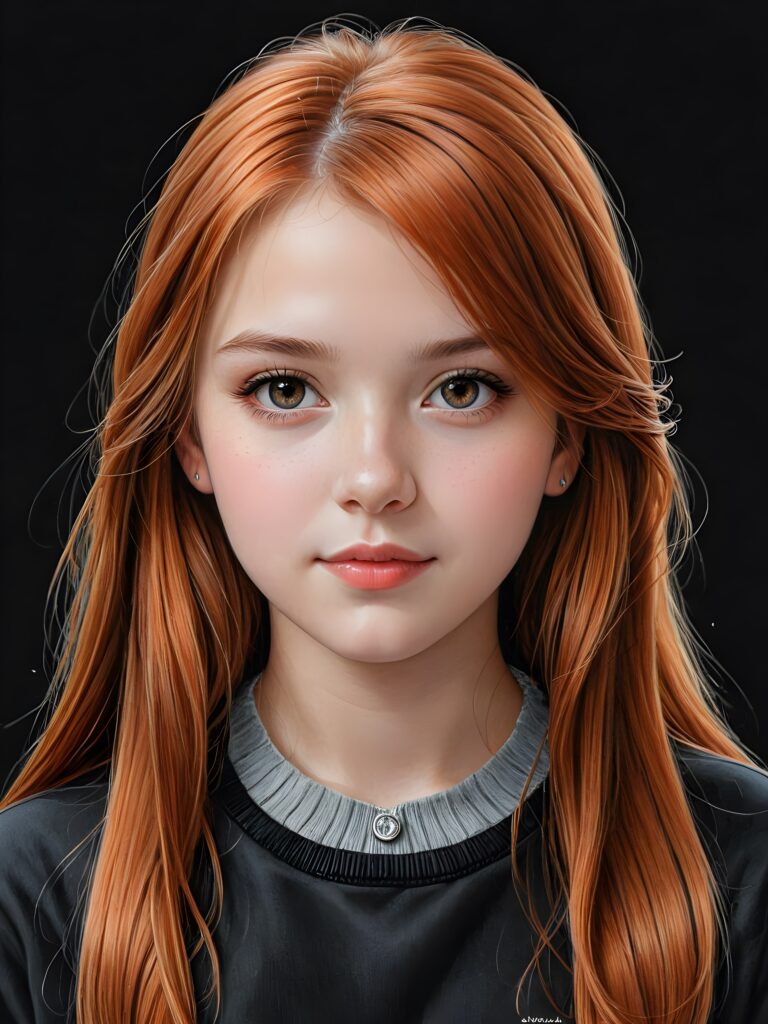 ((portrait)), detailed pencil drawing, silvery-skinned (((young teen girl))), long straight red hair ((black background))