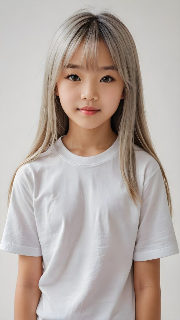 ((portrait)), detailed, (((Asian young cute girl))), 12 years old, long straight platinum hair, bangs cut, white t-shirt