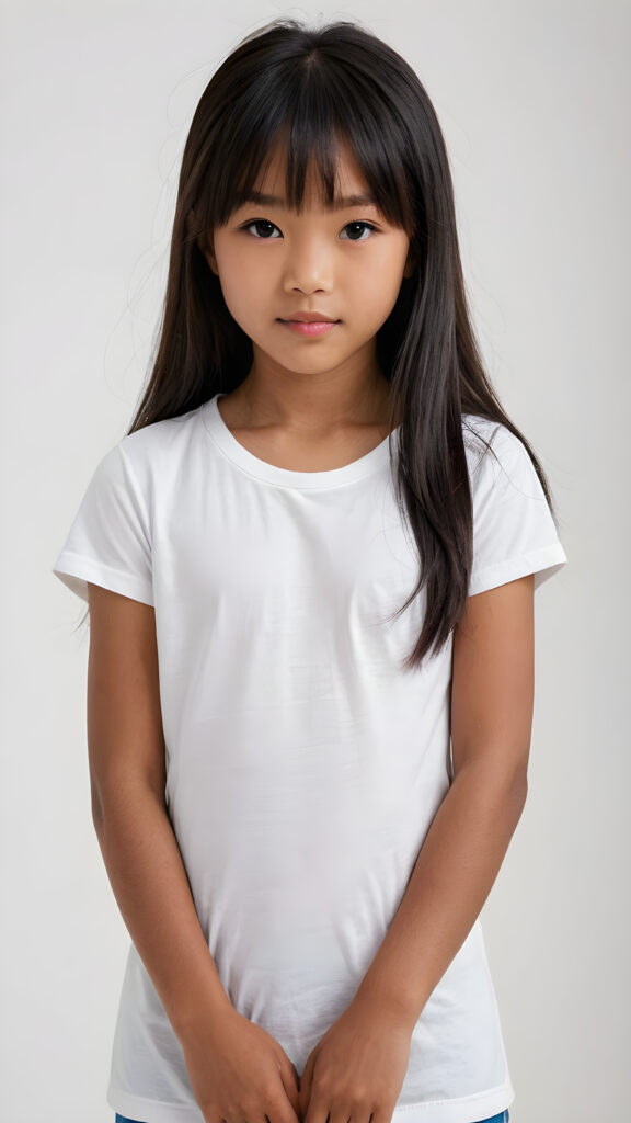 ((portrait)), detailed, (((melanin Asian young cute girl))), 12 years old, long straight black hair, bangs cut, white short t-shirt