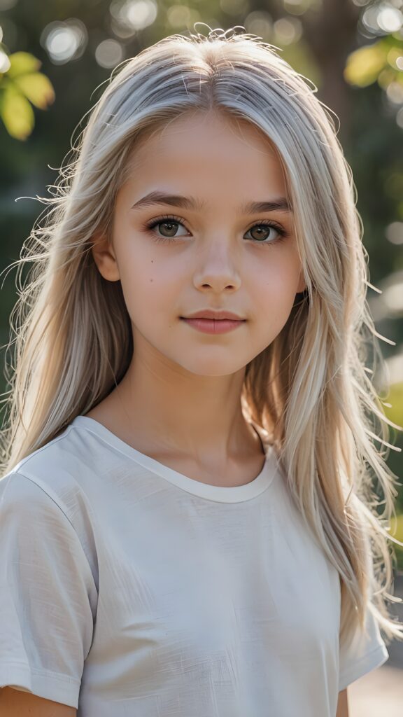 ((portrait)), detailed pencil drawing, silvery-skinned (((young girl))), 12 years old, long straight platinum hair, white t-shirt